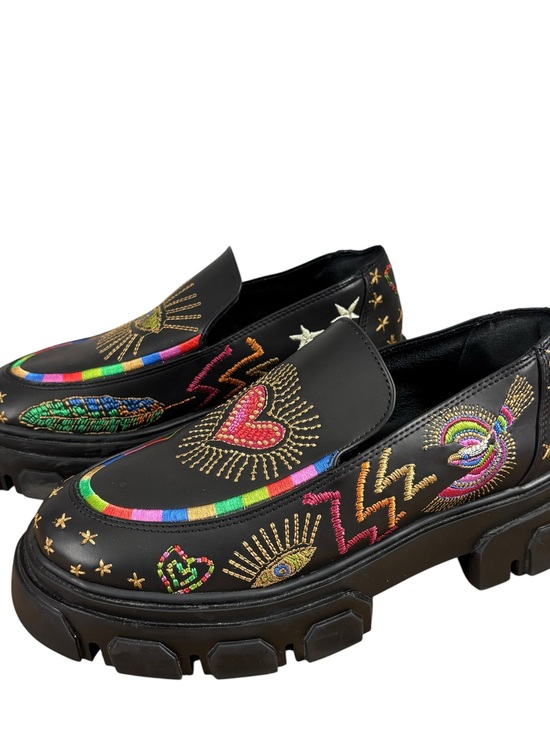 FARM Rio Shoes - Farm Rio Black Embroidered Slip-On platform lug sole Loafers size US 8.5 EU 39.5